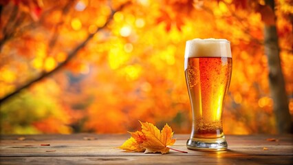 Glass of beer on autumn leaves background