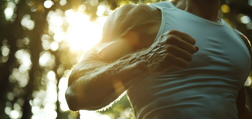 Athletic man running outdoors in nature with sun rays filtering through the trees.