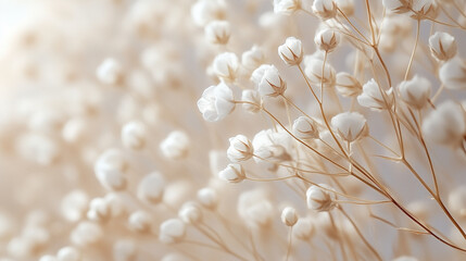 Delikatne, suche białe kwiaty o subtelnych płatkach tworzą eteryczny, lekki obraz. Ich kruche, drobne formy w makro ujawniają misterną strukturę, nadając całej kompozycji delikatności i piękna.