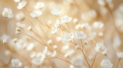 Delikatne, suche białe kwiaty o subtelnych płatkach tworzą eteryczny, lekki obraz. Ich kruche, drobne formy w makro ujawniają misterną strukturę, nadając całej kompozycji delikatności i piękna.