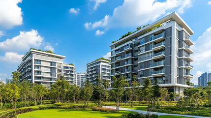 Nowoczesne budynki mieszkalne wznoszą się w otoczeniu bujnej zieleni, tworząc idealną harmonię między urbanistyką a naturą.
