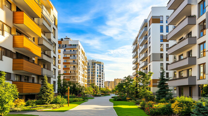 Nowoczesne budynki mieszkalne wznoszą się w otoczeniu bujnej zieleni, tworząc idealną harmonię między urbanistyką a naturą.