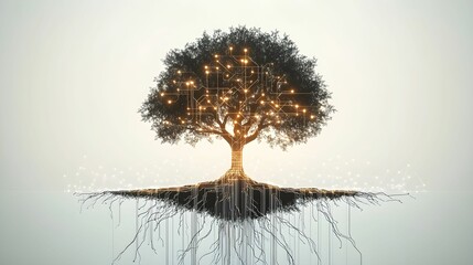 minimalistyczna, drzewo, obwody, technologia, symbolika, cyfrowa przyszłość, rozwój, połączenia, korzenie, kable danych, wzrost, technologiczne gałęzie, organiczne, cyfrowe, innowacje, prostota, abstr