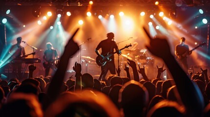 Indie Band Concert, vibrant colors, dynamic lighting, energetic crowd, photography