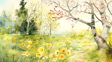 springtime poetry, watercolor of early spring cold winds carrying morning frosts shift to thawed patches blossoming with flowers, bees, and anticipation of green meadows