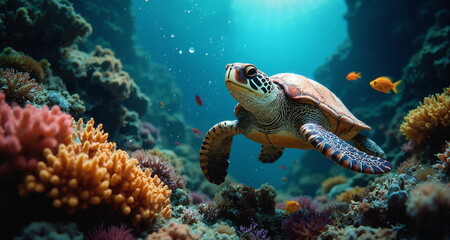 Podwodny świat raf koralowych. Grafika przedstawia bogactwo życia kryjące się w oceanach. Widzimy kolorowe rybki i stworzenia wodne. Na pierwszym planie znajduje się żółw morski.
