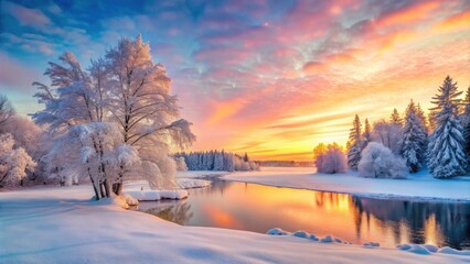 Pastel nature landscape with a Christmas twist featuring snow-covered trees, a frozen lake, and a colorful sunset , winter