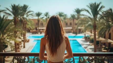 Hotel Balcony with Young Woman Enjoying Pool View in Tropical Egypt Resort