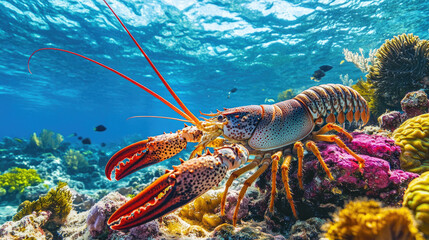 A spiny lobster in its natural underwater habitat, crawling along a coral reef with vibrant marine life surrounding it, captured in a clear blue ocean.