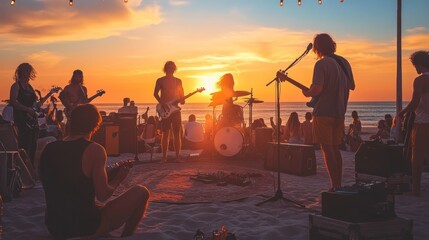 Sunset beach festival with indie music, featuring local and independent bands performing as the sun sets over the ocean, 