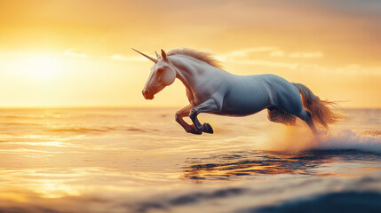 A unicorn majestically gallops across the reflective ocean at sunrise, embodying magic and wonder.