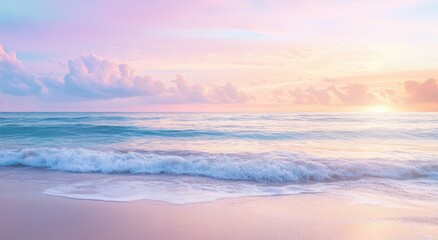 Serene beach at sunset with vibrant pink and purple skies reflecting on the ocean waves.