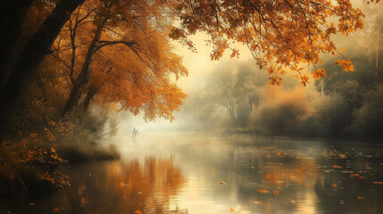 Ciche jezioro otoczone drzewami w jesiennych barwach odbija w swoich wodach czerwono-złote korony drzew.