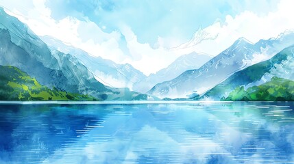A watercolor painting of a serene lake with mountains in the background.
