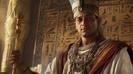 Joseph as the Pharaoh's advisor, regal and dignified, wearing Egyptian royal attire, calm and wise expression, holding a staff of authority, Egyptian hieroglyphs on the walls behind him