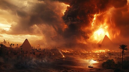 The Ten Plagues of Egypt, rivers turning to blood, locusts swarming the fields, dark clouds of hail, Pharaoh's reaction, vivid and chaotic atmosphere