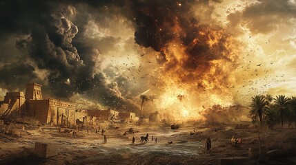 The Ten Plagues of Egypt, rivers turning to blood, locusts swarming the fields, dark clouds of hail, Pharaoh's reaction, vivid and chaotic atmosphere