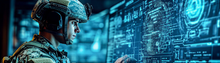 A soldier is looking at a computer screen with a blue background
