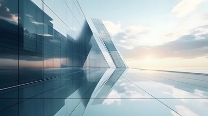 Skyscraper reflecting sunset background. 3d abstract architecture design of modern contemporary luxury building converging glass and steel. Perspective view landscape. Hi-tech sustainable architect