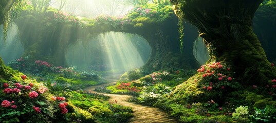 Beautiful landscape lush green forest trees are tall Unreal fantasy