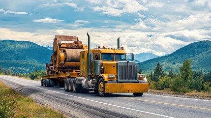 A truck hauling heavy machinery along a roadway.