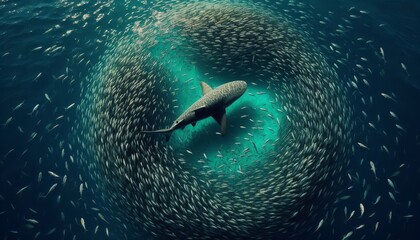 Big Shark In Middle Of Small Fishes In Ocean , fishes afraid of shark 