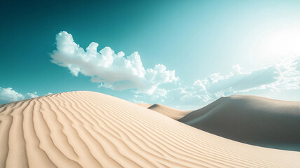 Wide-open desert landscape with soft sand dunes, a bright blue sky, and ample foreground space for adding text.