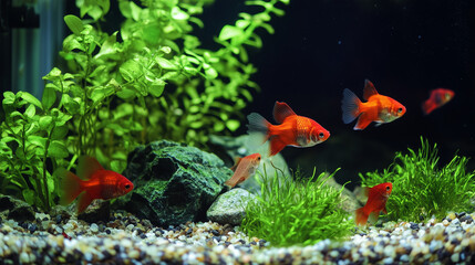 W akwarium pływają ryby złote, które emanują blaskiem dzięki swoim lśniącym łuską w odcieniach złota i pomarańczu