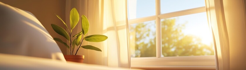 An open window in a cozy bedroom, sheer curtains billowing in the morning breeze, nature s freshness entering the space