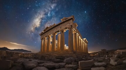 The Parthenon in Athens, Greece, at night with the Milky Way galaxy visible in the sky.