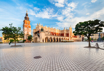 Old town and Cloth hall in Cracow, Poland, empty market square at sunrise