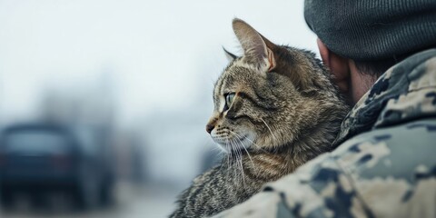 Ukrainian soldier with a stray cat in front of a light background, close-up. Area for text.