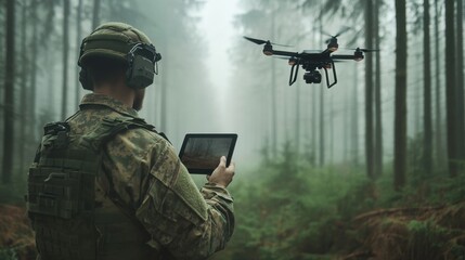 A soldier holding a tablet while operating a drone in a dense, foggy forest landscape, perfect for tech or military-related designs.
