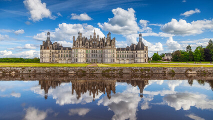 Chateau de Chambord, Unesco medieval french castle and reflection. Loire Valley, France