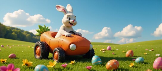 Whimsical Easter scene featuring a giant bunny driving a carrot-shaped car through an oversized egg-filled meadow rendered in a playful cartoon style