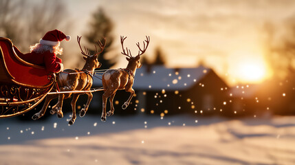 Santa Claus rides a sleigh pulled by reindeer, flying over a snowy village on a Christmas Eve night