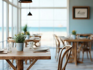 Beachfront restaurant with light driftwood furniture, large open windows, and soft blue tones, creating a breezy, coastal feel