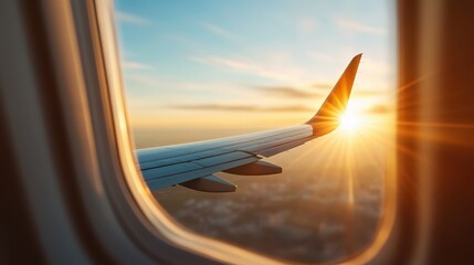 The wing of an airplane is captured during a radiant sunset flight, providing a spectacular view of the horizon painted with the breathtaking colors of dusk.