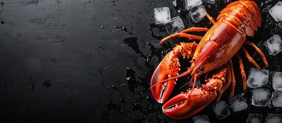 Fresh lobster on a black background with ice.