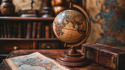 An antique map, globe, and book stored in a cupboard. Science, learning, and past travel experiences. geography and history team. Antiquated globe with historical map background.