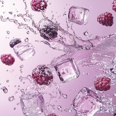 Splash berries with ice cubes, pastel background