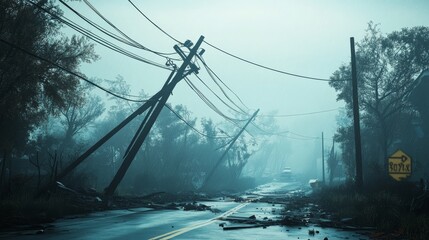 A deserted road is obstructed by tangled power lines after tornado destruction