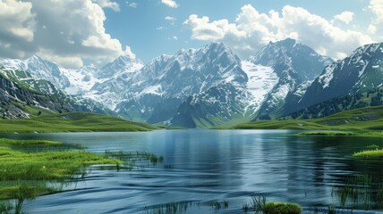 Mountain landscape with lake and snowcapped peaks in the background
