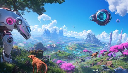 Whimsical 3D rendered landscape with colorful cartoon characters and buildings, against a bright blue sky.
