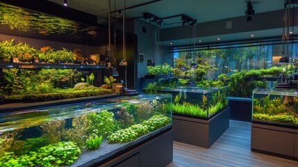 An intricately arranged aquarium and aquascaping studio, Aquatic plants and fish tanks meticulously designed, Underwater landscape style