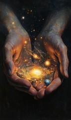 Hands holding a galaxy and a planet.