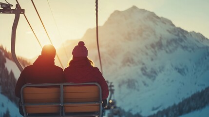Couple on chairlift with snowy mountain view