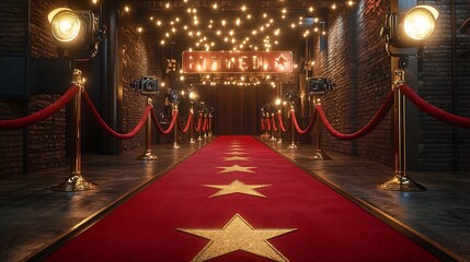 A Hollywood red carpet birthday setup featuring a luxurious red carpet with gold stars, vintage film cameras, and velvet ropes, bright spotlights illuminating the entrance,