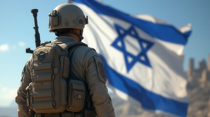 Israeli soldier standing in front of Israel flag military patriotism