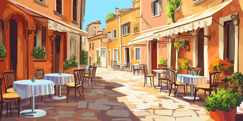 Empty street cafe is waiting for customers on a beautiful summer day